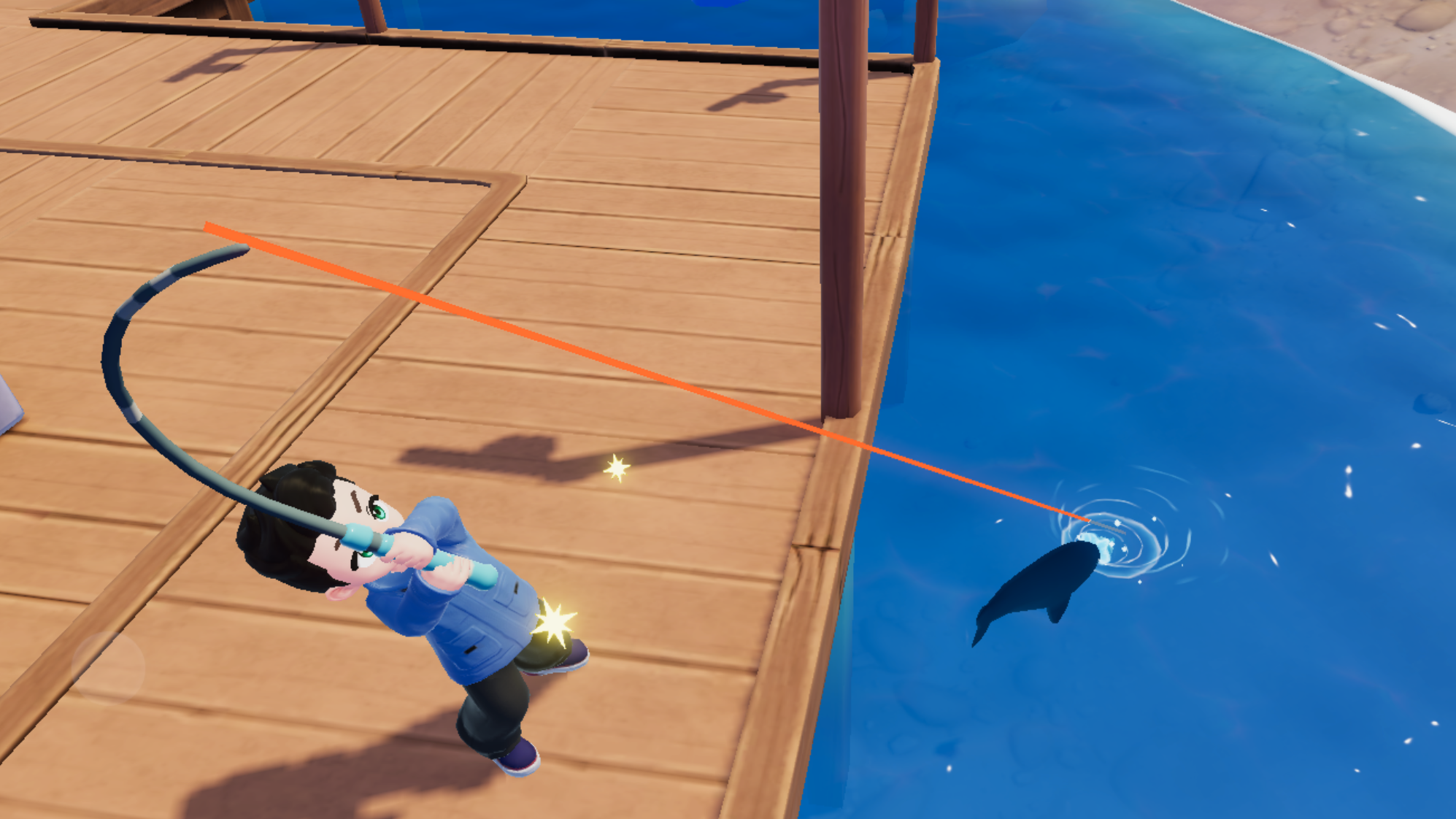 A character reeling in a fish in Heartopia. - 1