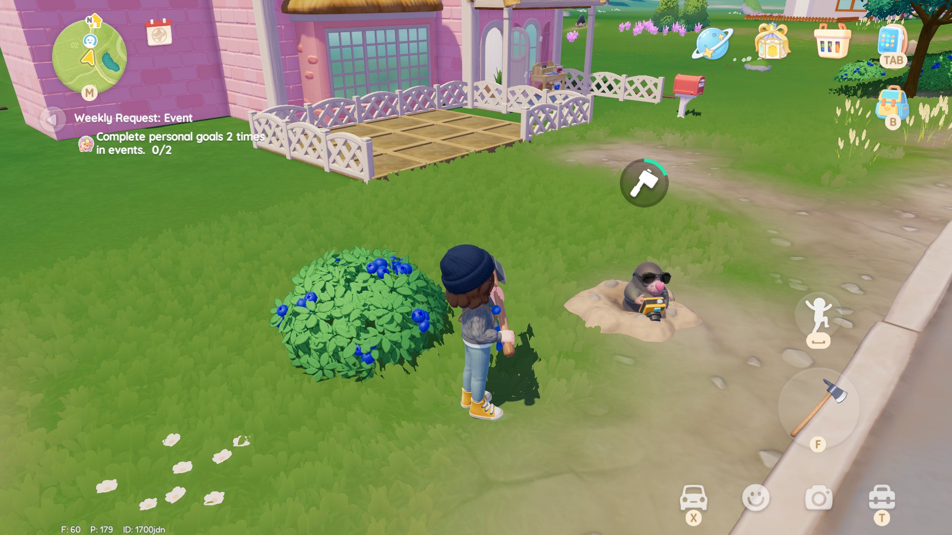 A Heartopia character regards a mole that has just popped out of a hole dug in the ground in a house's front garden. The mole wears sunglasses and carries a notebook. - 4