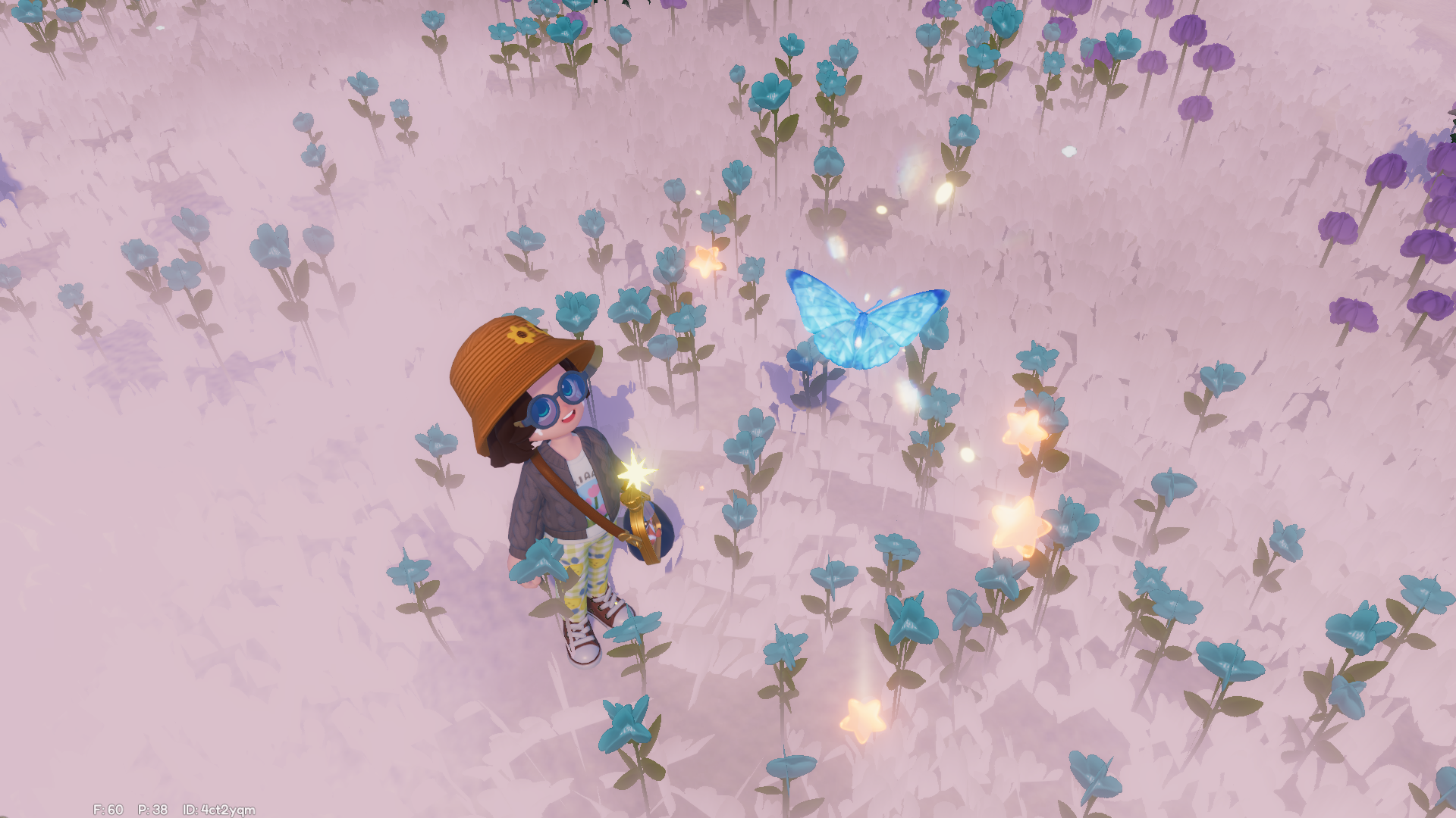 A Heartopia character shows off a glacial blue special butterfly they have just caught against a field of snow. - 1
