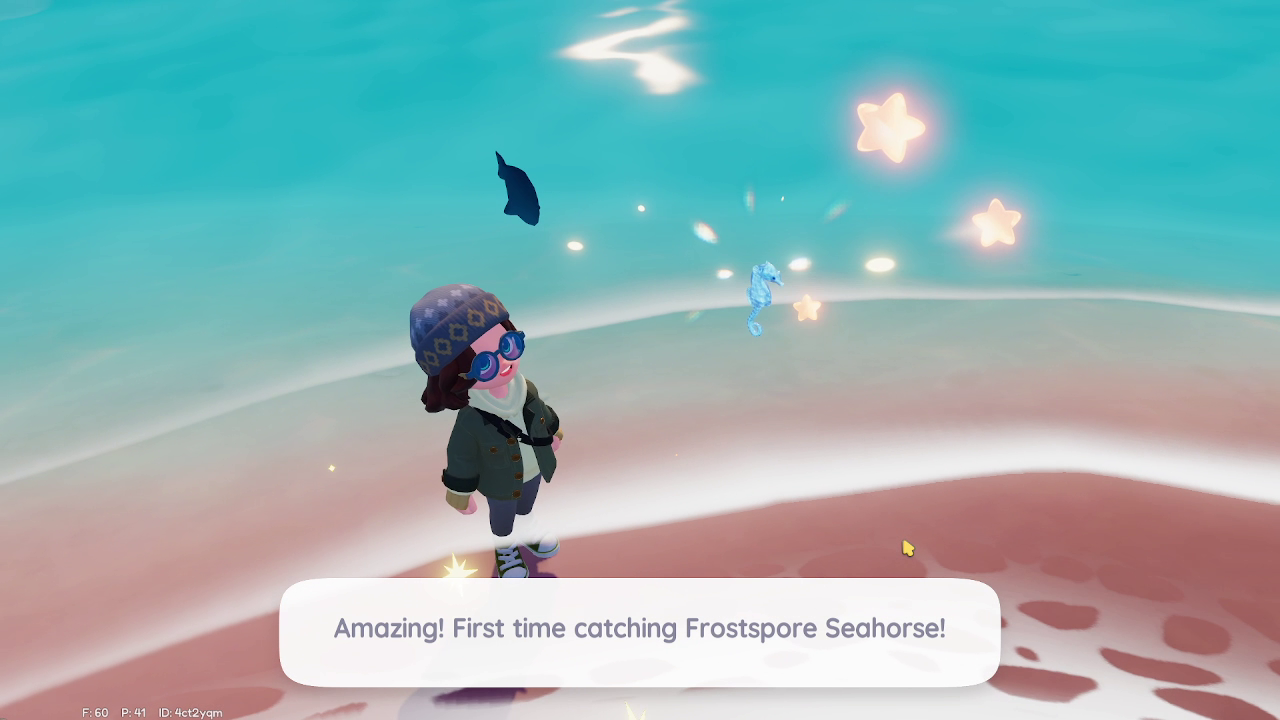 A Heartopia character stands on the shore and looks up in awe at a glacial-blue, transparent Frostspore Seahorse they have just caught as it hovers above their head. - 1