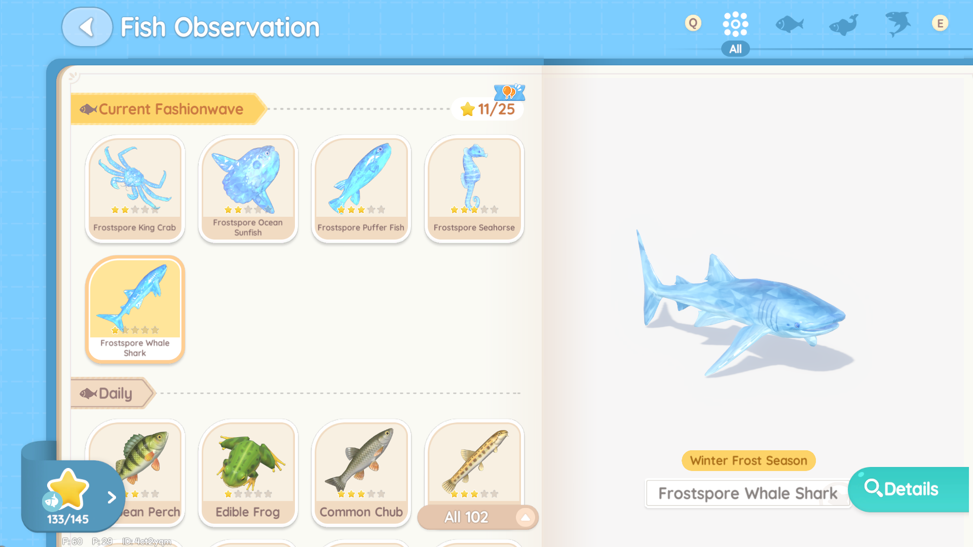 Heartopia's fishing collection catalogue, opened to the winter-exclusive Frostspore Whale Shark page. - 5