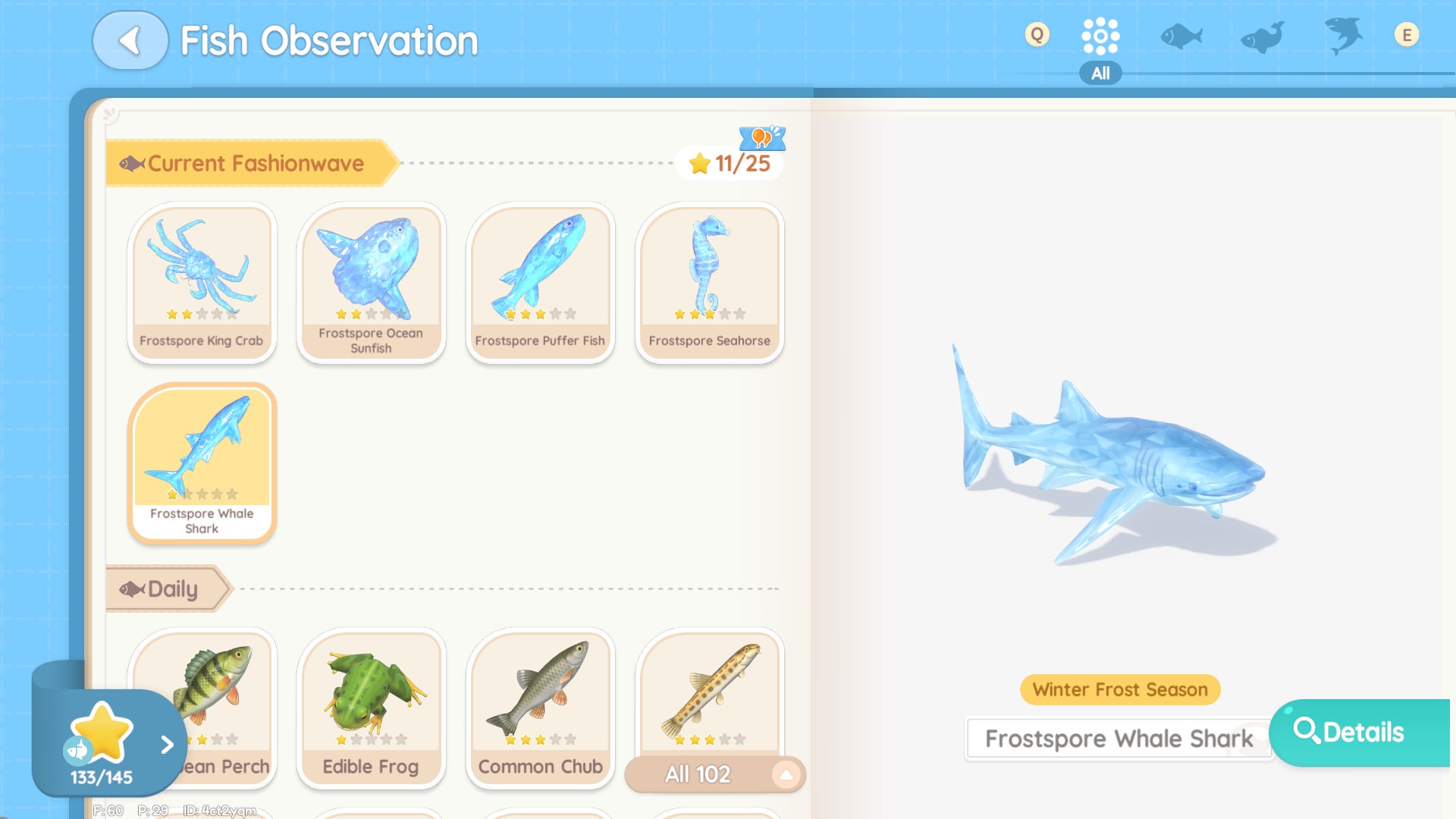 Heartopia's fishing collection catalogue, opened to the winter-exclusive Frostspore Whale Shark page. - 5