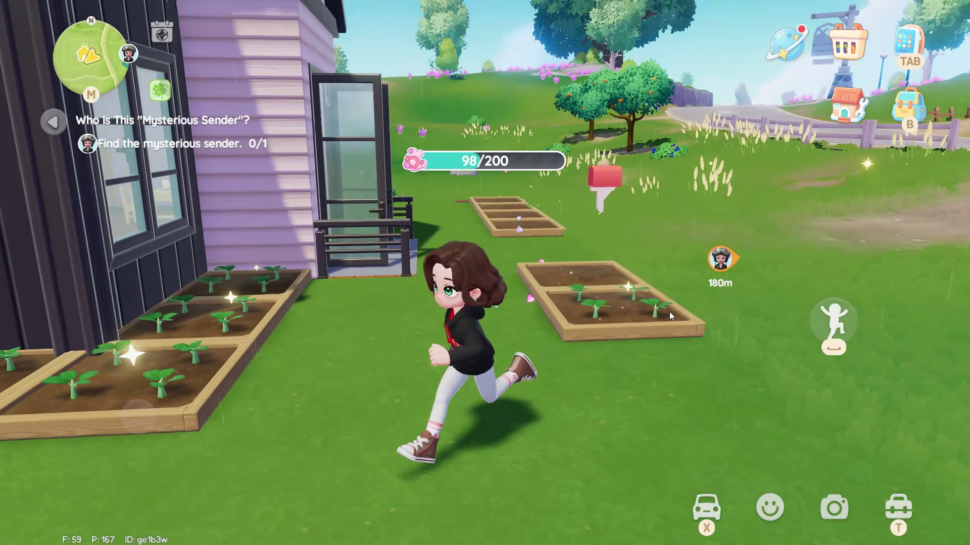 A customised Heartopa avatar character runs around their garden with a heads-up indicator showing their progress through the Gardening hobby. - 5