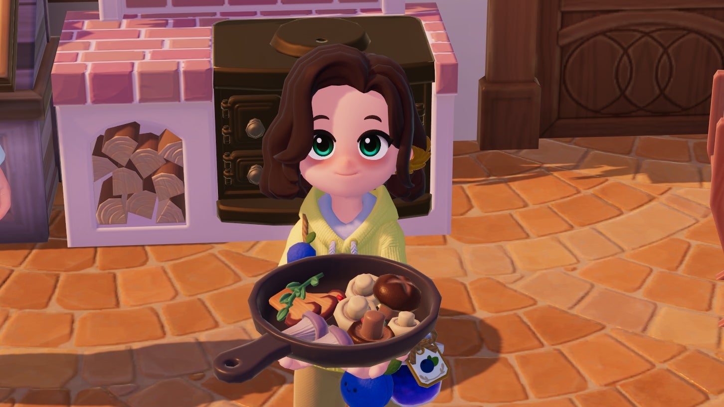 A Heartopia character stands in front of an outdoor wood-fired oven and presents a dish of grilled mixed mushrooms to the camera. - 1