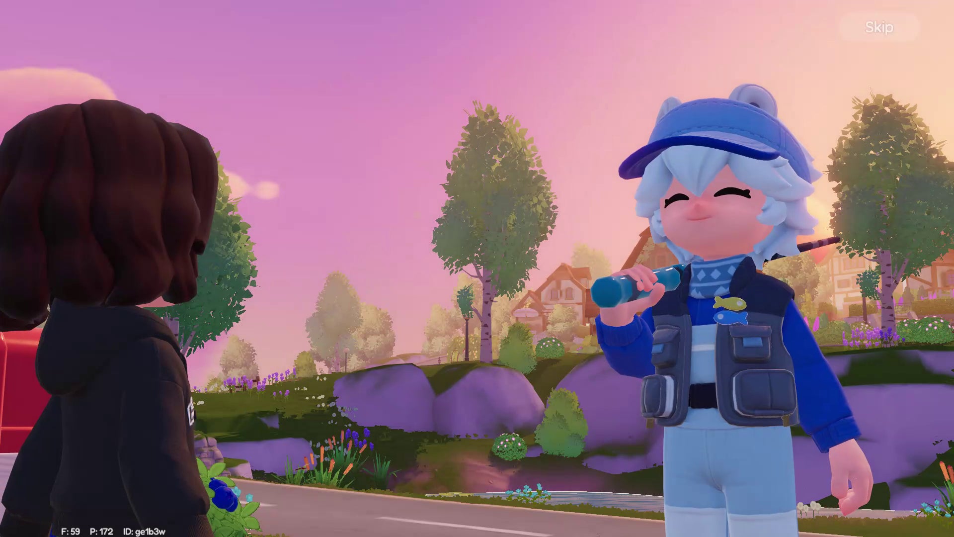 A customised Heartopia avatar chats with Vanya — whose outfit makes it very clear that they're the fishing hobby mentor — against a pastel sunset skyline. - 3