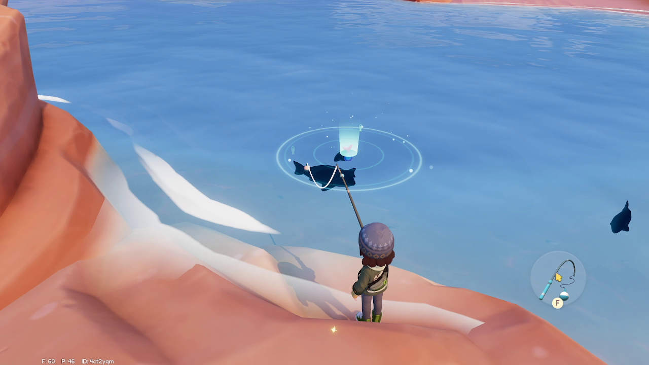 A Heartopia character studiously fishes off of a rocky outcrop by the sea, as a fish attraction device causes multiple fish shadows to spawn in front of them. - 4