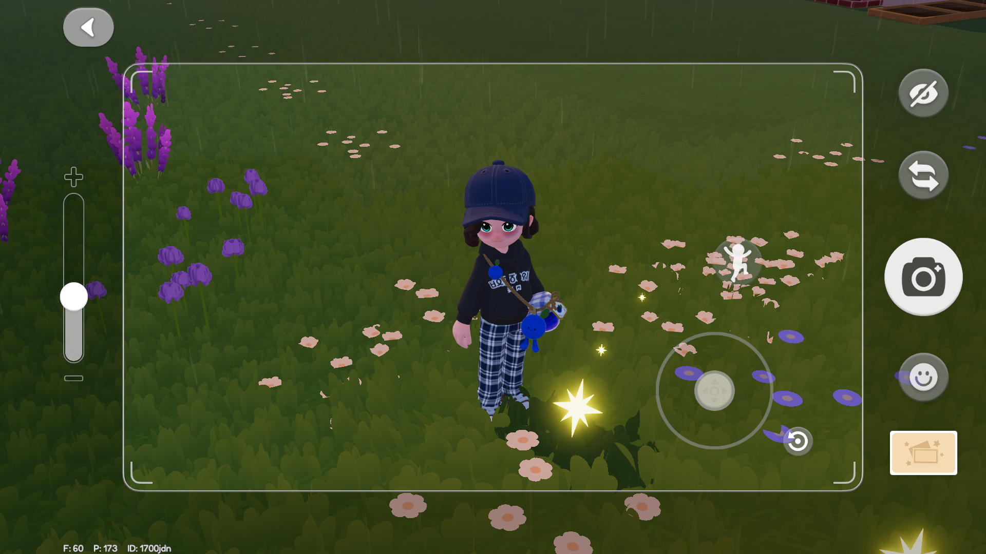 A Heartopia avatar character in a navy blue ensemble stands in a field and models the Blueberry Crossbody Bag reward in camera mode. - 3