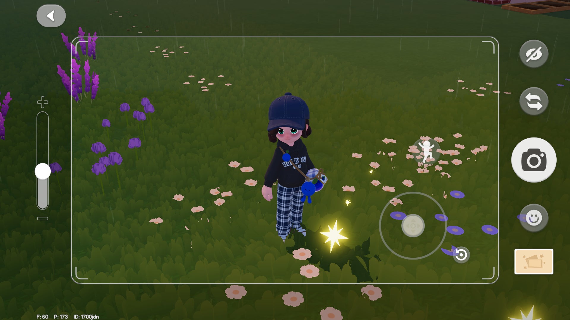 A Heartopia avatar character in a navy blue ensemble stands in a field and models the Blueberry Crossbody Bag reward in camera mode. - 3