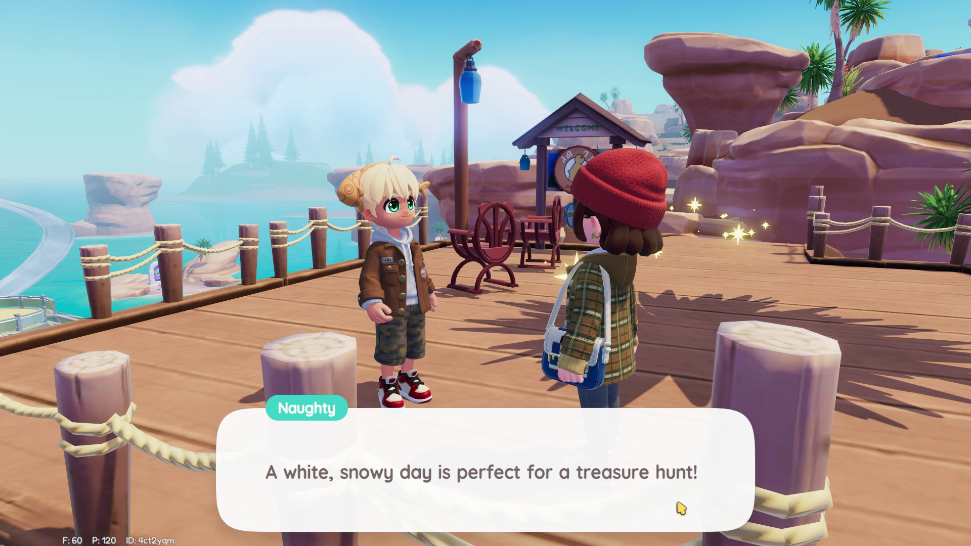 A Heartopia player character speaks to Naughty at his usual spot on the scenic lookout above Onsen Mountain's north beach. - 3