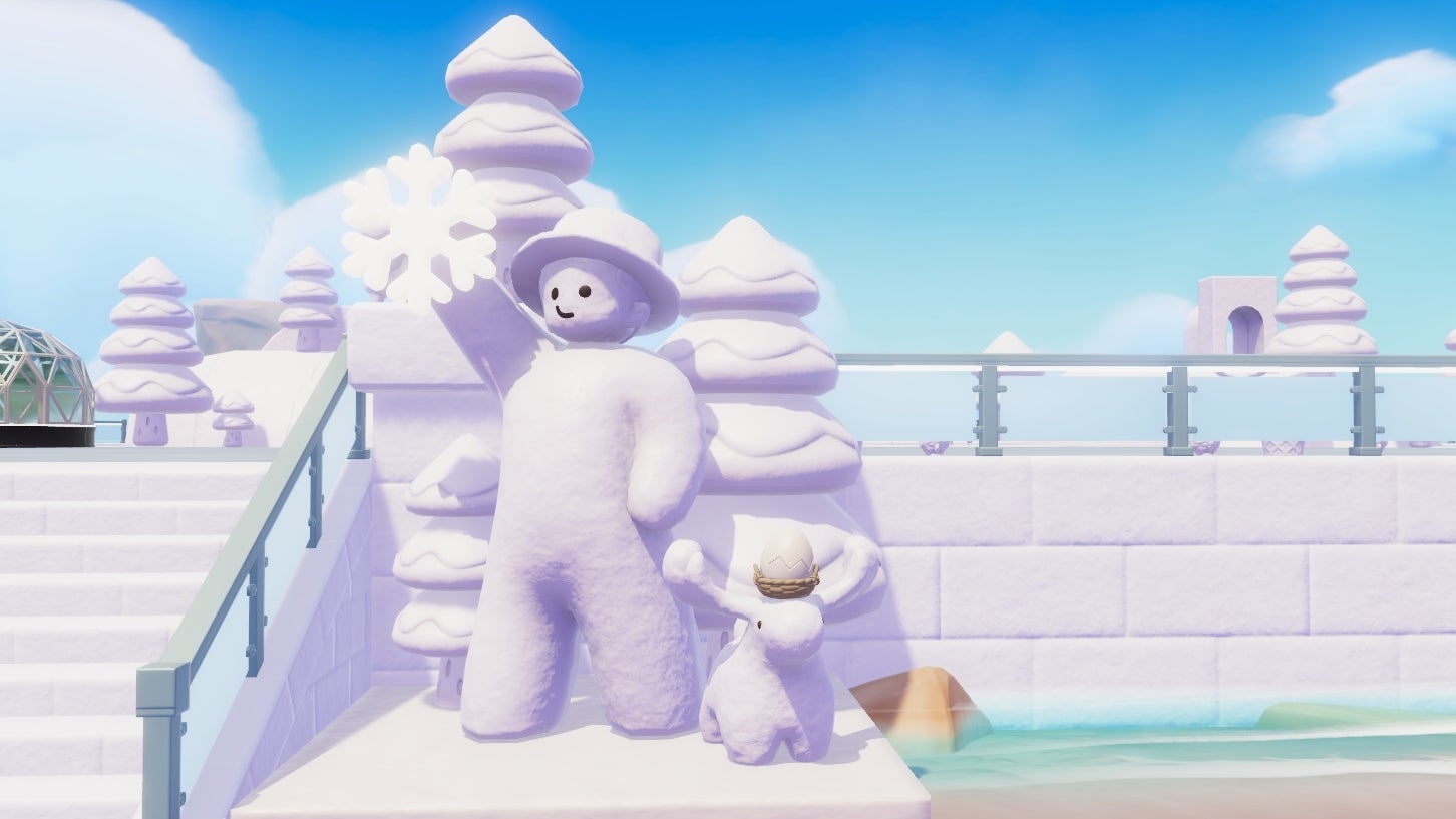 An almost entirely white, snowy environment shows two snow sculptures in the foreground — one humanoid, one moose-shaped and with a white egg in a basket on its head. - 5