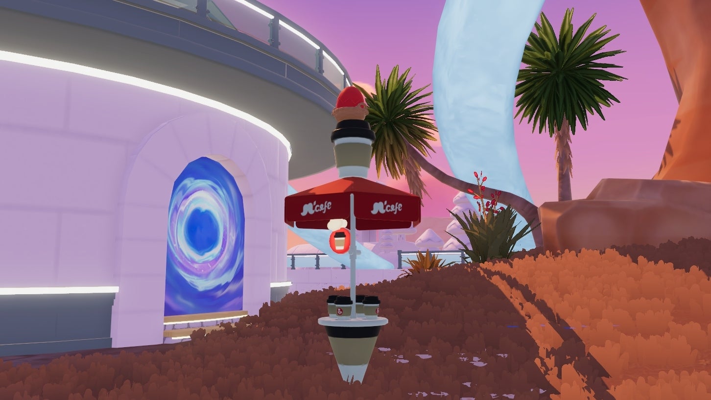 In Heartopia, a red egg sits in a basket atop a red coffee-themed umbrella seating area, in front of a glowing portal in the side wall of an igloo, and underneath the curve of an ice sculpture slide as it passes a palm tree. - 11