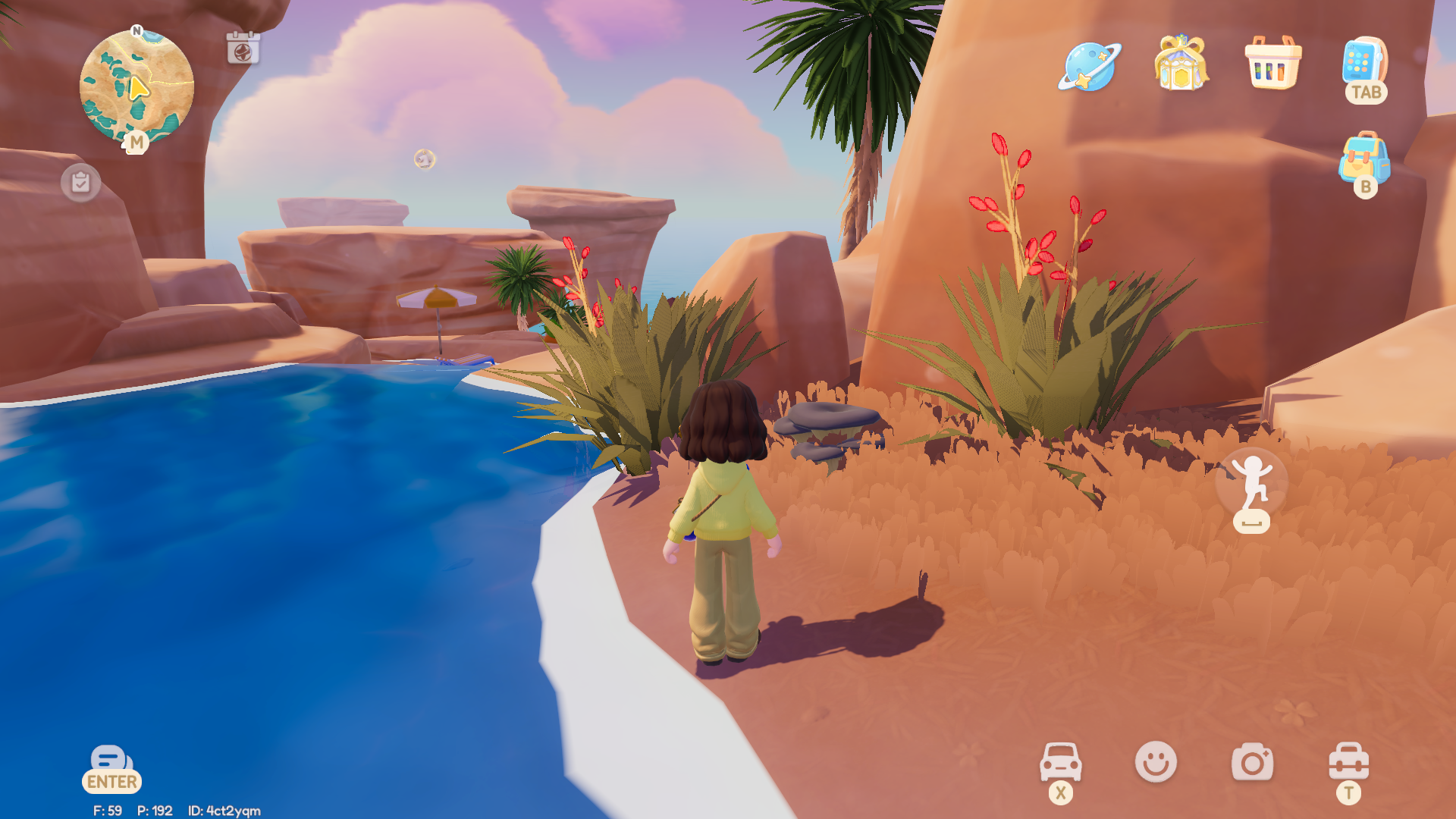 A Heartopia character stands at the side of an onsen pool in the mountains, with some oyster mushrooms growing at the base of an orange rock formation nearby. - 4