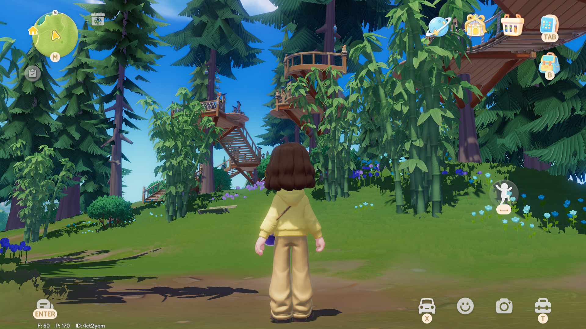 A Heartopia character stands facing a series of elevated wooden platforms in a forested area, with a winding staircase leading up to them to the left. In the foreground are several bamboo plants, with the one immediately to the character's left shading a feeding trough made of the same bamboo. - 3