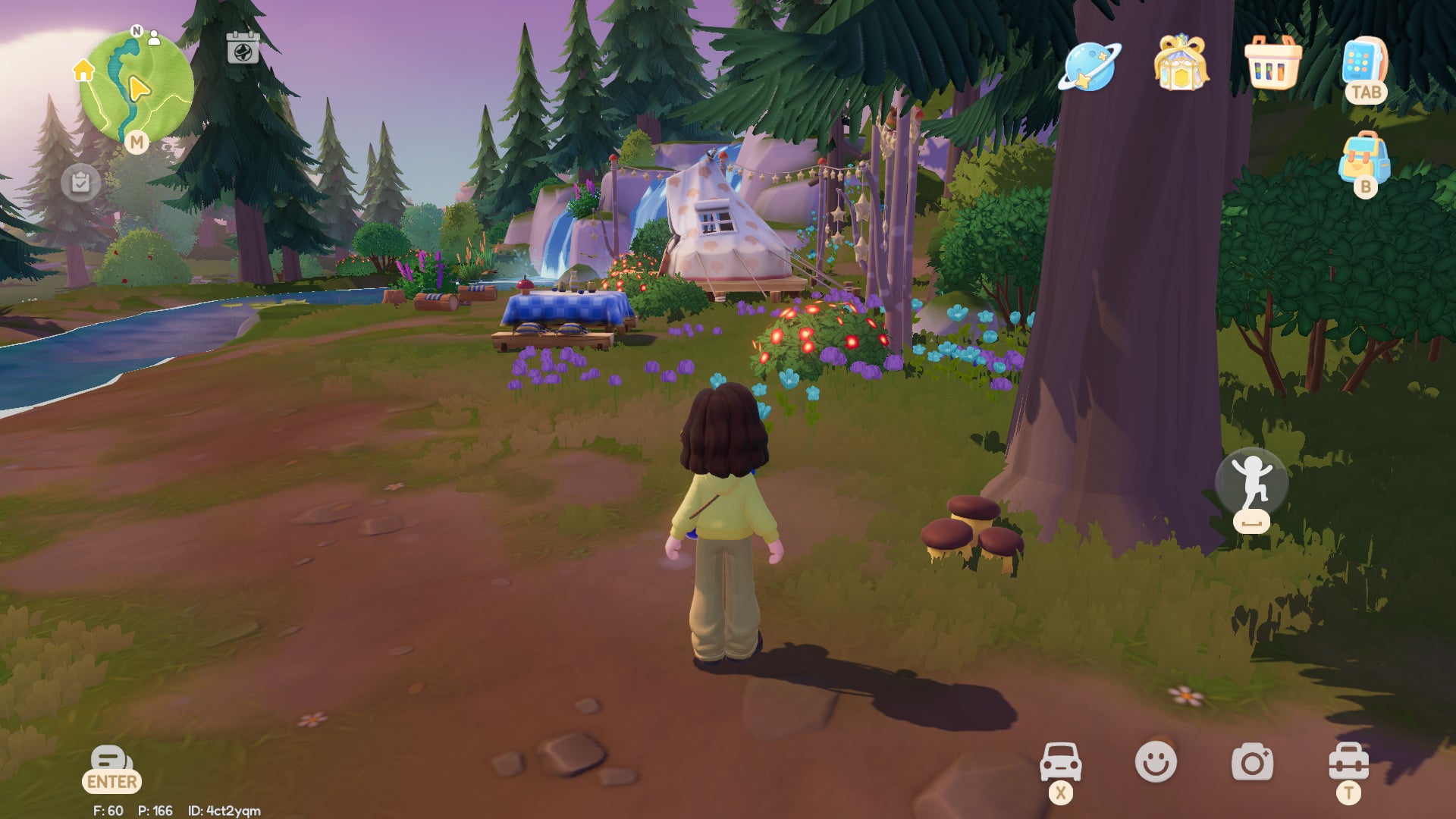 A Heartopia character stands in a forest clearing with a camp set up in front of a waterfall lake, with some penny bun mushrooms growing at the base of a nearby pine tree. - 3