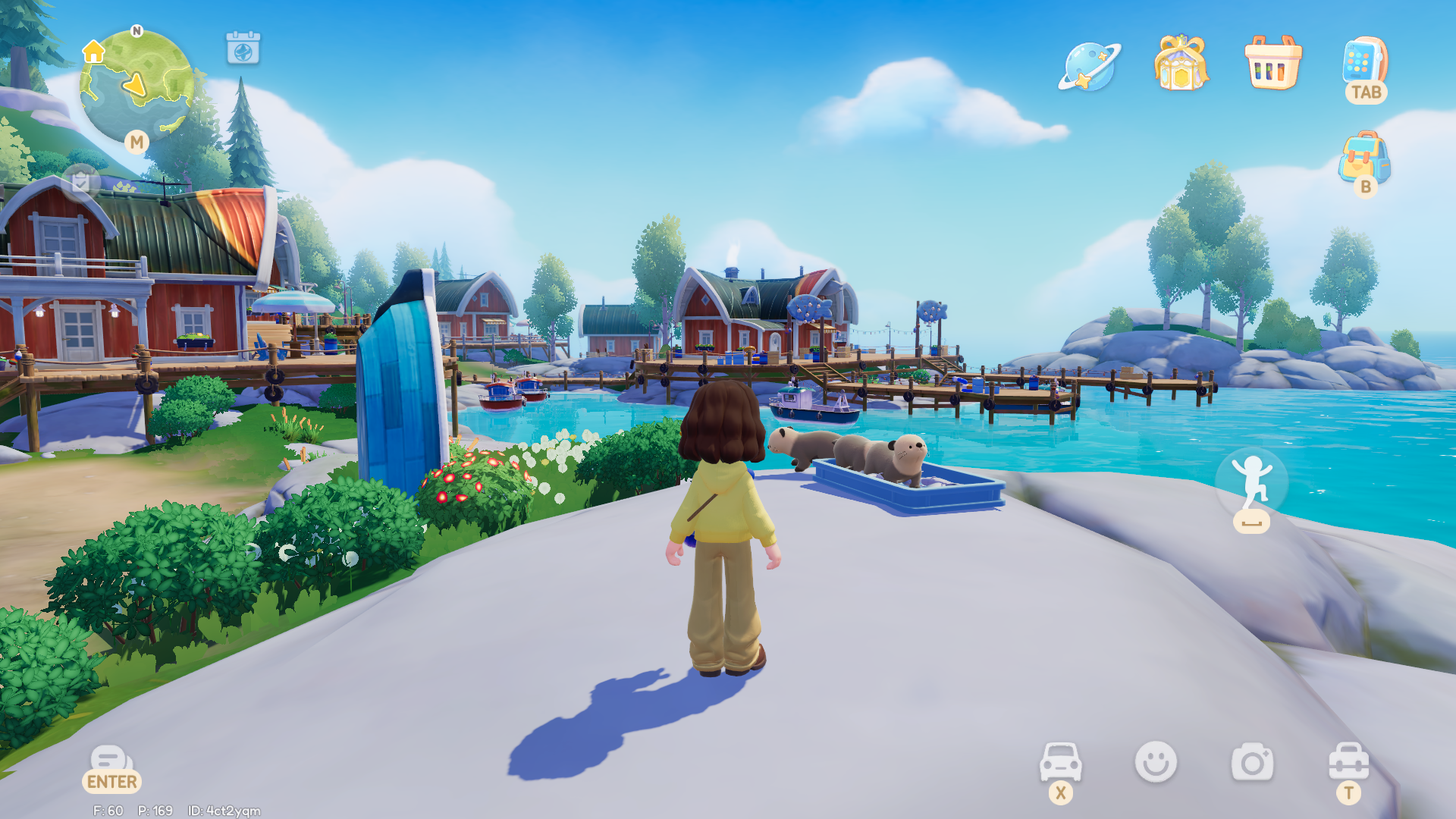 A Heartopia character stands on a rocky outcrop next to the sea, with several sea otters sitting in their blue plastic feeding trough nearby. A vibrant fishing village is spread out ahead, with red wooden buildings and multiple fishing boats scattered around, as well as a blue boat upturned to form a seating shelter nearby. - 7
