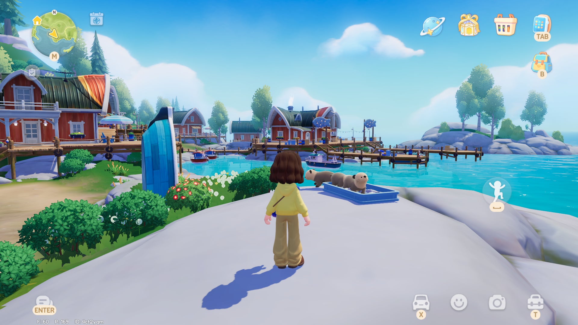 A Heartopia character stands on a rocky outcrop next to the sea, with several sea otters sitting in their blue plastic feeding trough nearby. A vibrant fishing village is spread out ahead, with red wooden buildings and multiple fishing boats scattered around, as well as a blue boat upturned to form a seating shelter nearby. - 7