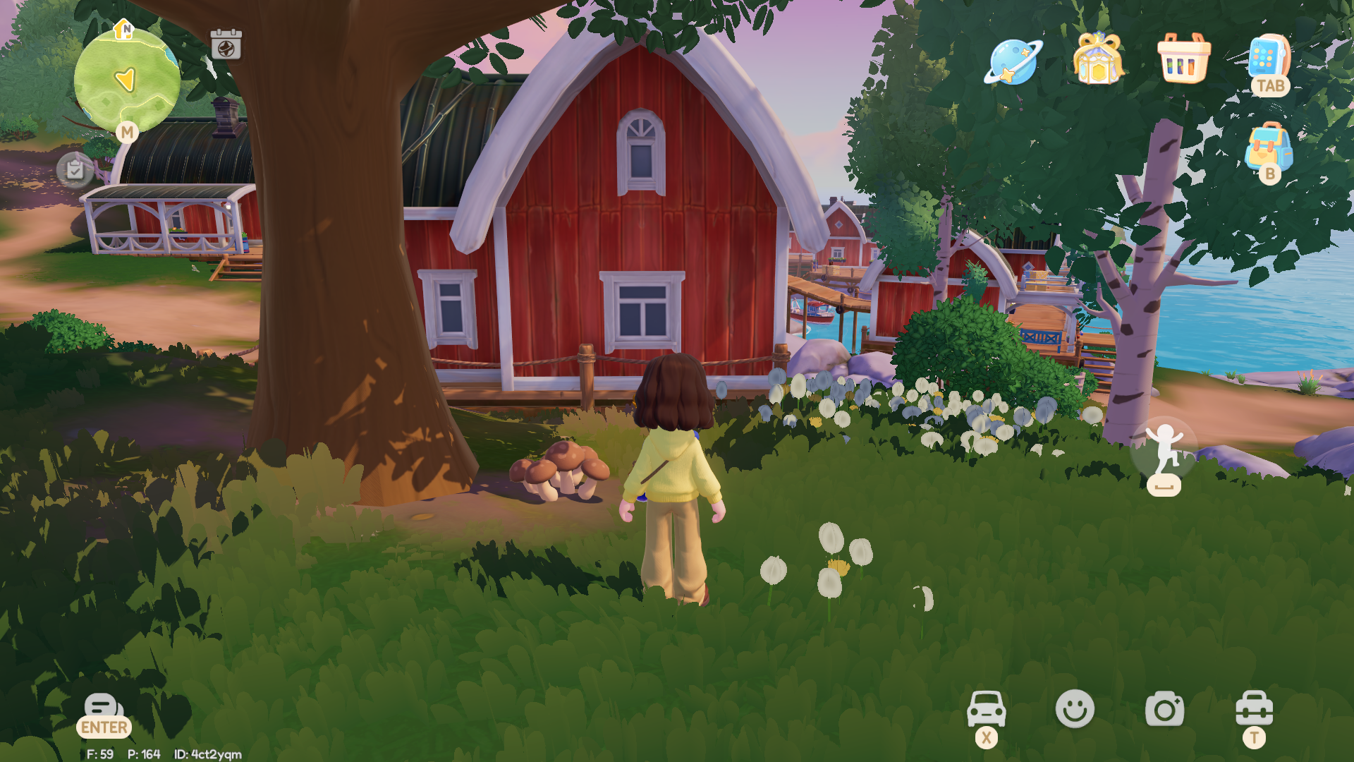 A Heartopia character stands at the back of a red fisherman's cottage with white trim and a view of the sea, regarding some shiitake mushrooms growing beneath an oak tree off to the side. - 5