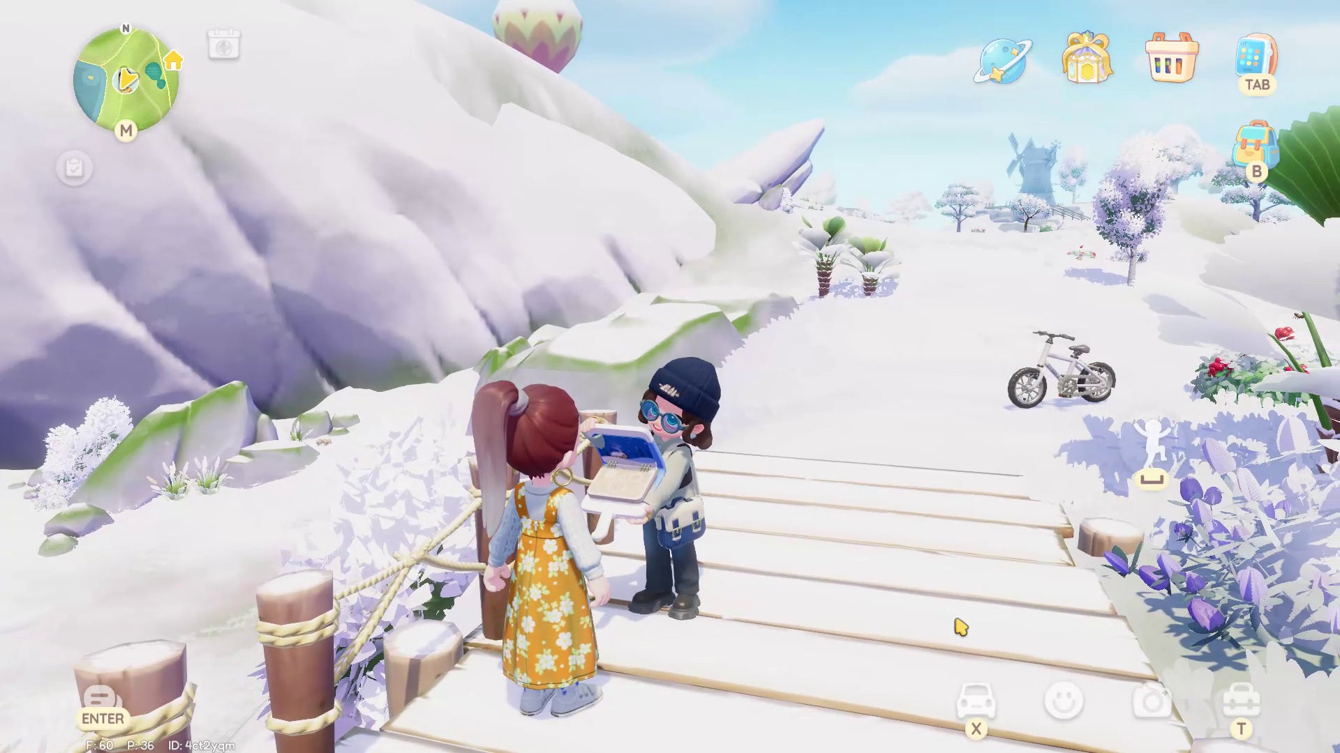 A nameless minor NPC in Heartopia stands on a snowy bridge and adds a stamp to the player character's winter prep petition book. - 6