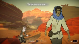 A woman treks through a desert with a robot in tow in Heaven's Vault