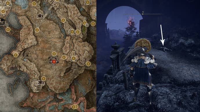 The location of a Hefty Cracked Pot in the Scorched Ruins on the Elden Ring Shadow Of The Erdtree map.