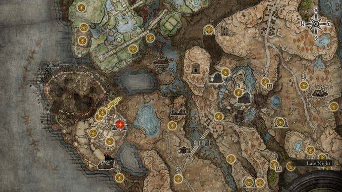 The location of Belurat Gaol on the Elden Ring Shadow Of The Erdtree map.