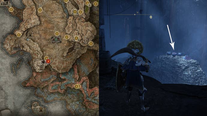 The location of the Hefty Cracked Pot in the Elden Ring Shadow Of The Erdtree Lamenter’s Gaol dungeon.