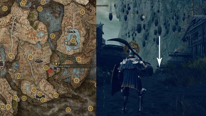 The location of a Hefty Cracked Pot in the Elden Ring Shadow Of The Erdtree’s Bonny Village.