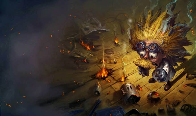Heimerdinger, a Yordle scientist, stands looking in shock at as exploded creation of his lies tattered on the ground. His big spiky yellow hair is singed at its ends.