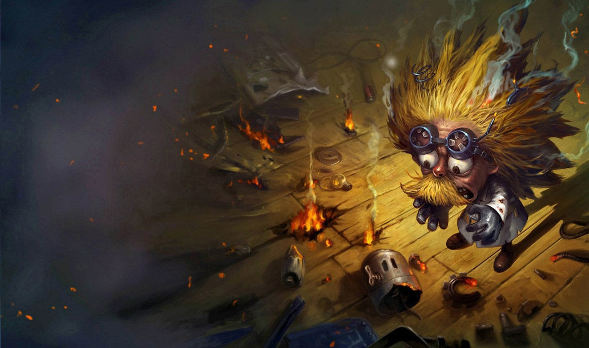 Heimerdinger, a Yordle scientist, stands looking in shock at as exploded creation of his lies tattered on the ground. His big spiky yellow hair is singed at its ends. - 1