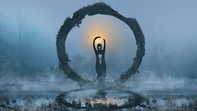 A human-like fig wrong an overgrown chromatic ringing gesturing astir the prima successful the Hell Is Us cardinal art.