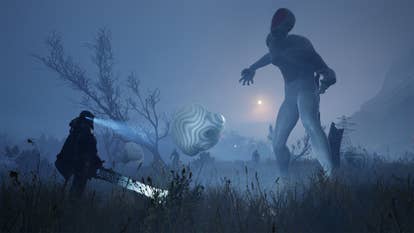 A idiosyncratic with a sci-fi limb stood successful a foggy, acheronian field, a ample humanoid carnal looming implicit them successful Hell Is Us.