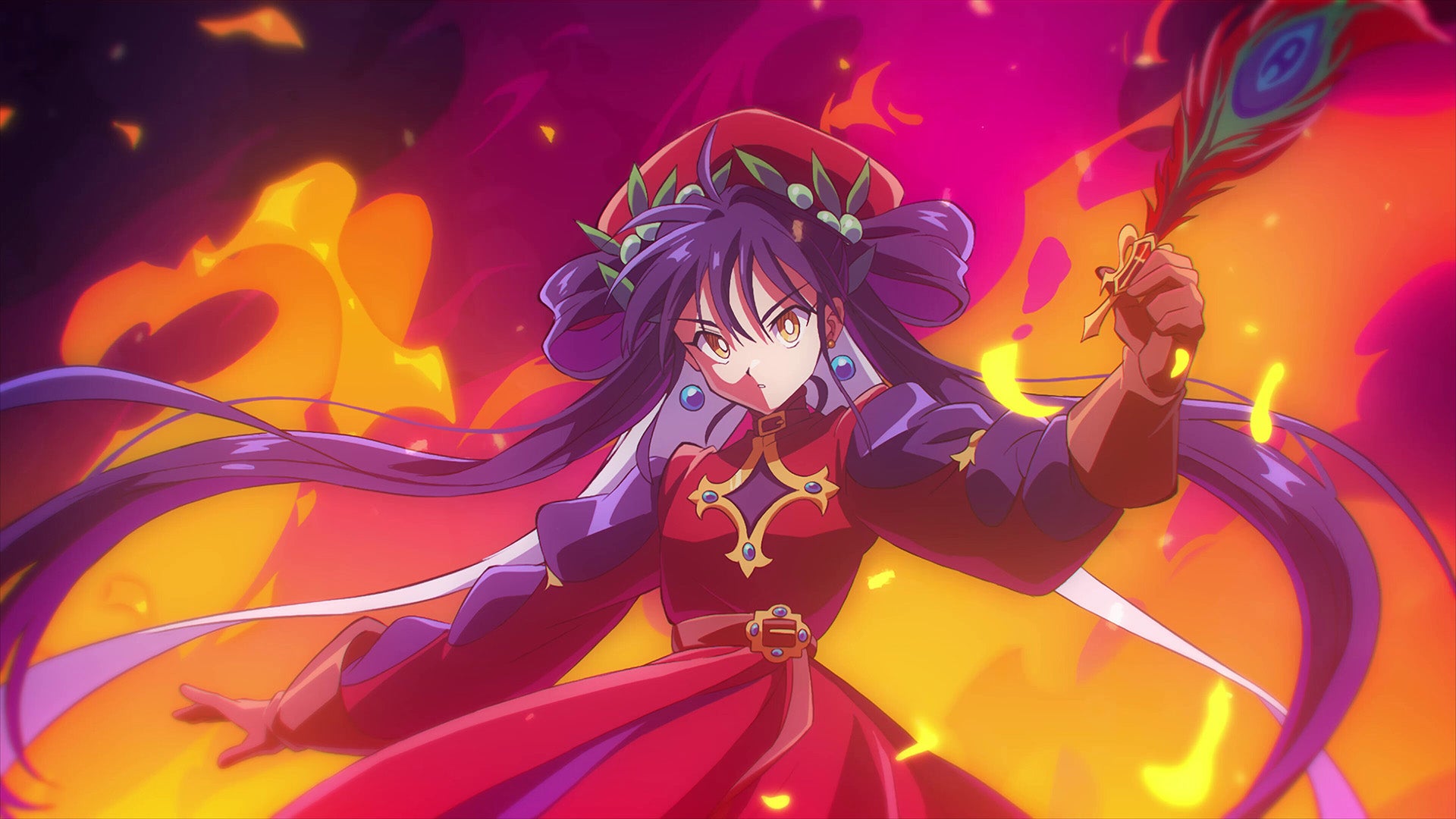 An anime benignant inactive from Hell Maiden showing a pistillate with long, tied up purple hair, a quill successful her hand, occurrence surrounding her.