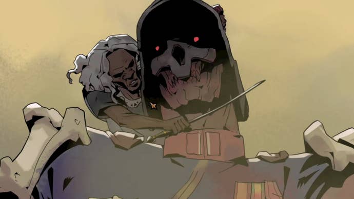 An aged pistillate holds a weapon to an undead general's pharynx successful Hell Clock.