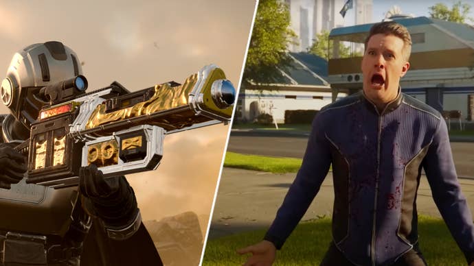 A helldiver wielding a laser rifle in Helldivers 2 opposite the guy screaming in the game’s intro.