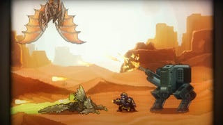 A diver and mech fighting terminids in Helldivers 2's 16-bit demake.