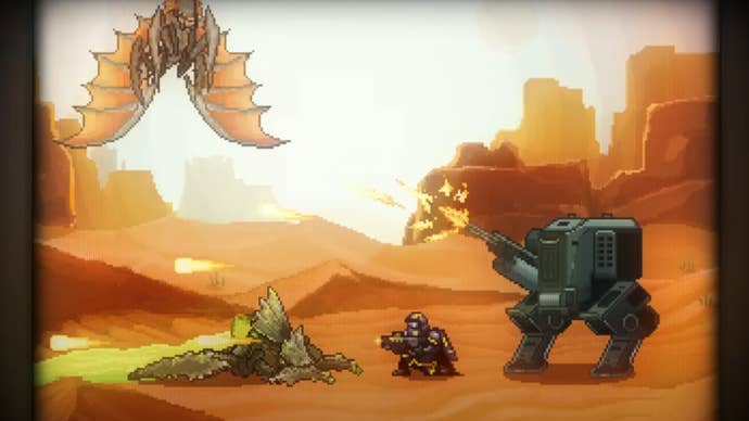 A diver and mech fighting terminids in Helldivers 2’s 16-bit demake.