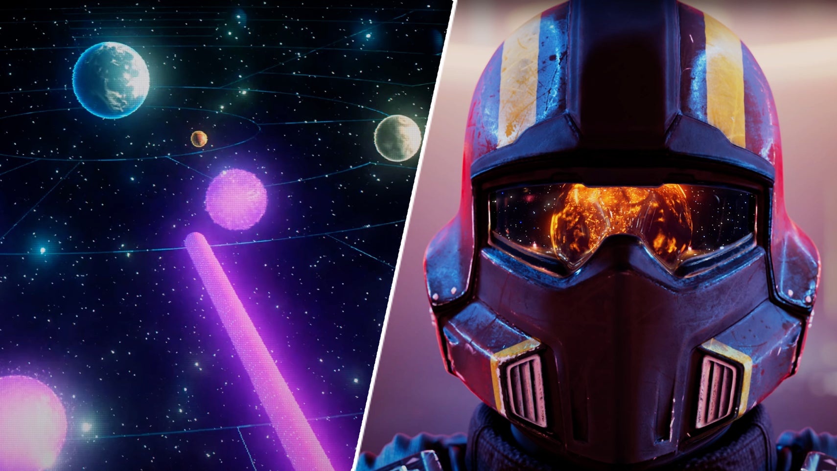 The Meridian Singularity's path to Super Earth in Helldivers 2 opposite a helldiver's helmet. - 1