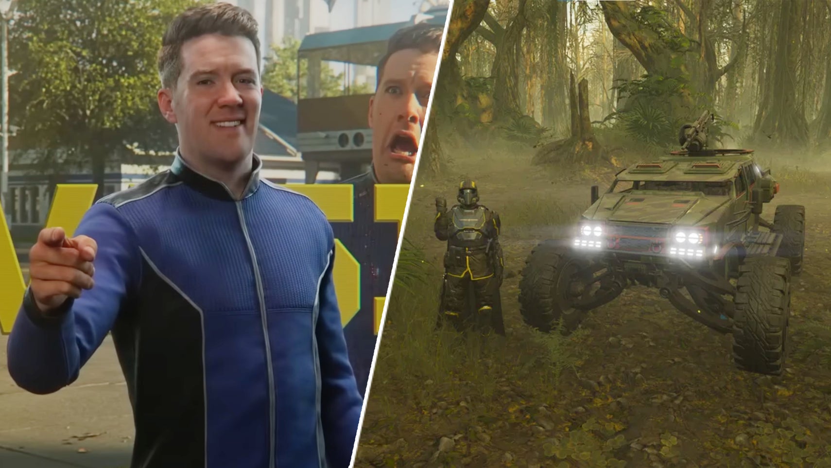 John Helldiver in Helldivers 2 opposite a helldiver saluting next to an FRV. - 1