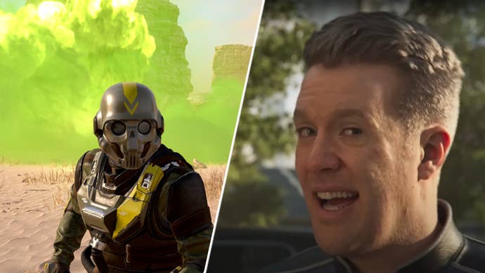 The dude from Helldivers 2’s intro smiling next to a helldiver flanked by gas.