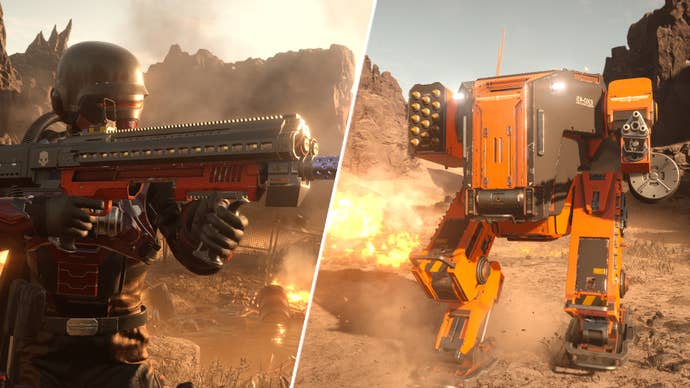 A mech and helldiver in Helldivers 2.