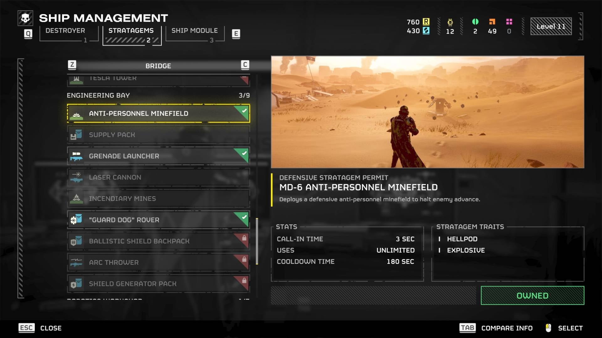 The Anti-Personnel Minefield selected in the stratagems menu in Helldivers 2. - 8