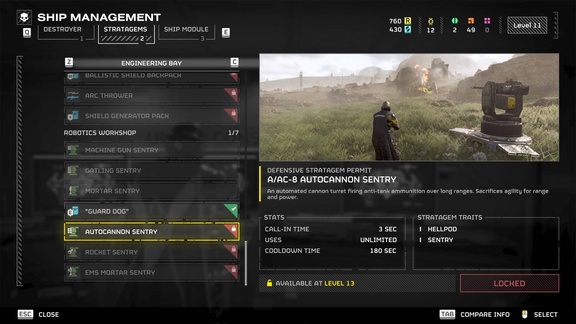 The Autocannon Sentry selected in the stratagems menu in Helldivers 2. - 7