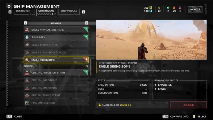 The Eagle 500kg Bomb selected in the stratagems menu in Helldivers 2.