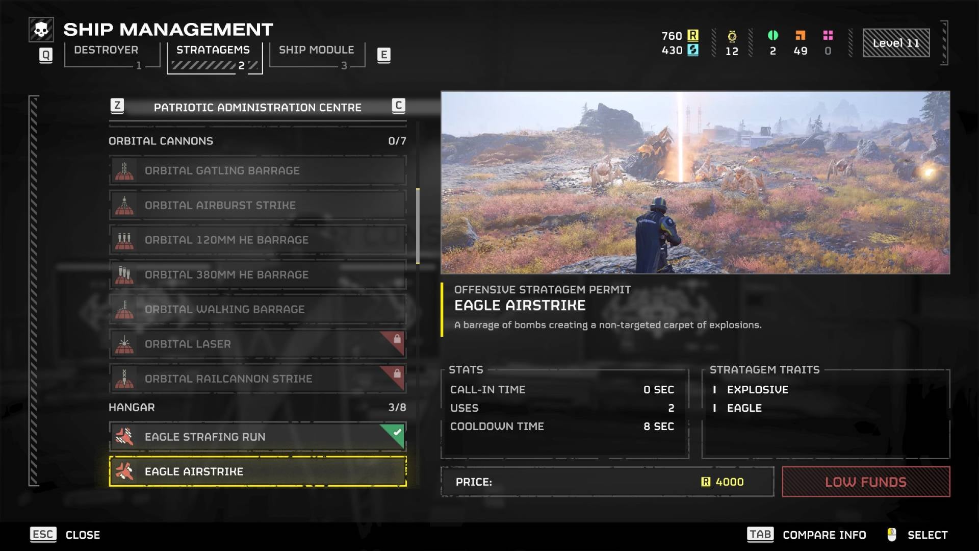 The Eagle Airstrike selected in the stratagems menu in Helldivers 2. - 5