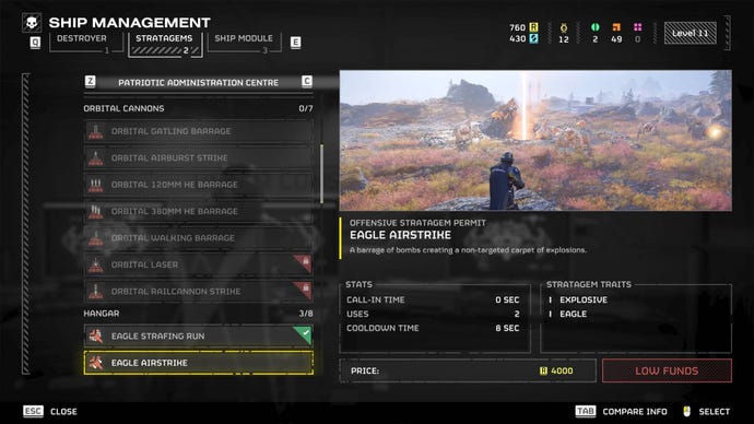 The Eagle Airstrike selected in the stratagems menu in Helldivers 2.