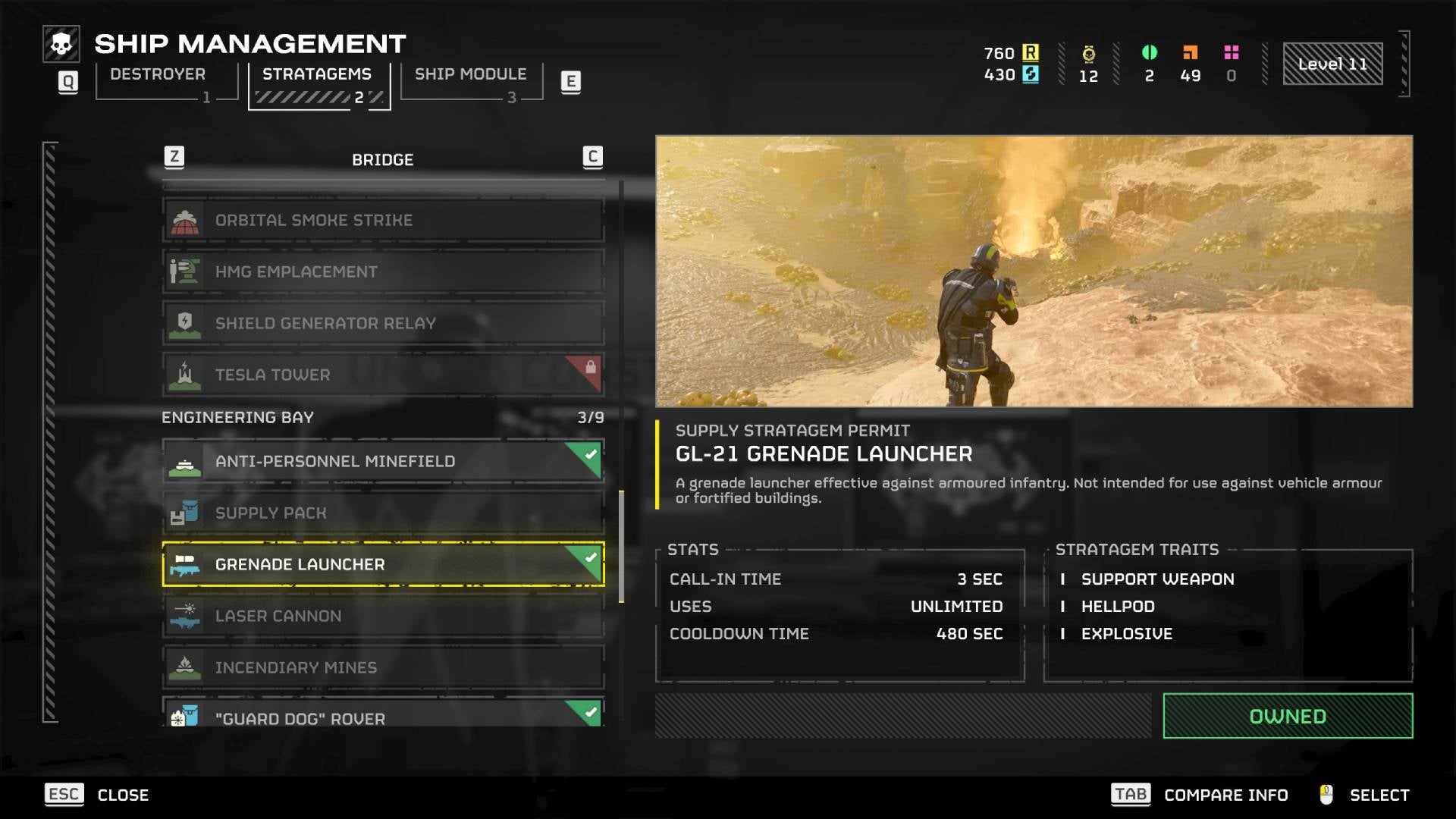The Grenade Launcher selected in the stratagems menu in Helldivers 2. - 10
