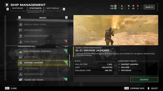 The Grenade Launcher selected in the stratagems menu in Helldivers 2.