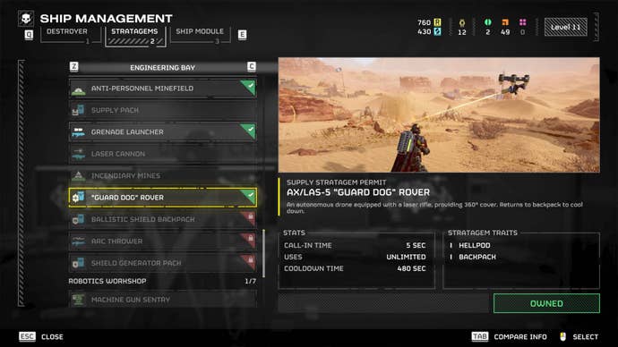 The Guard Dog Rover selected in the stratagems menu in Helldivers 2.