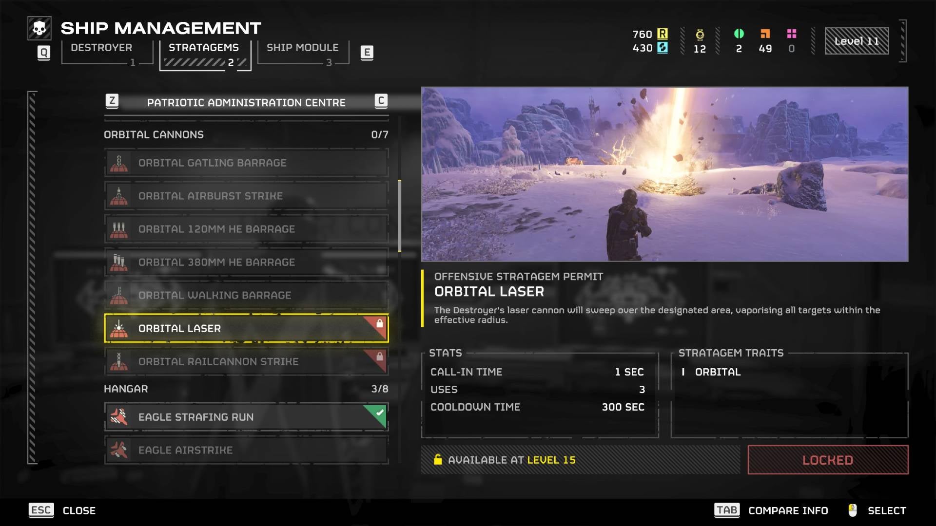 The Orbital Laser selected in the stratagems menu in Helldivers 2. - 4