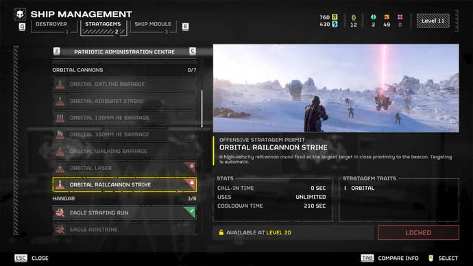 The Orbital Railcannon Strike selected in the stratagems menu in Helldivers 2.